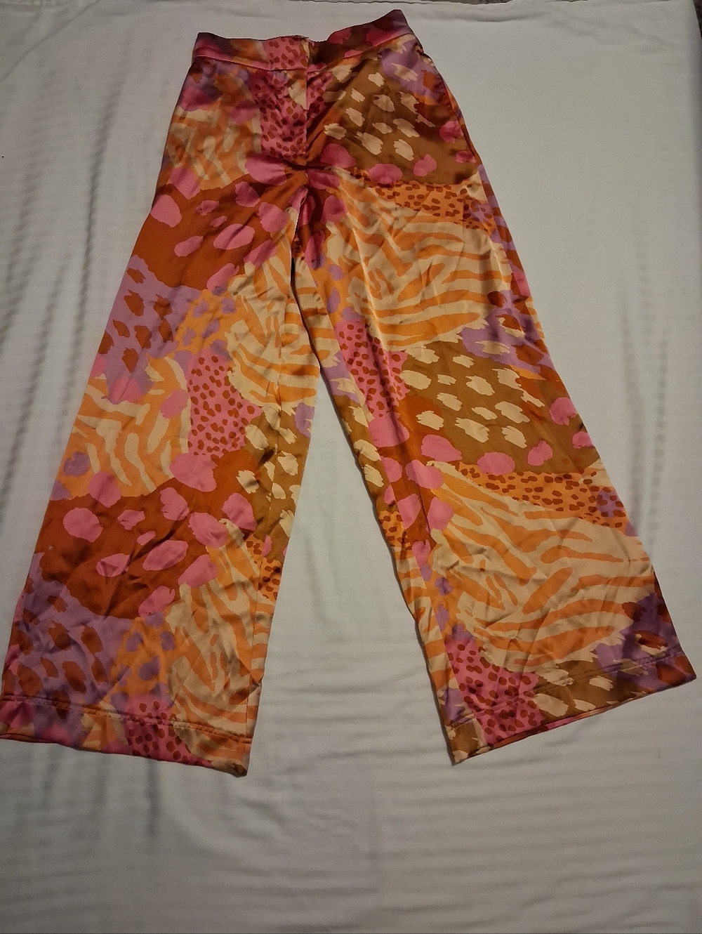 Christian Lacroix Wide Leg Printed Satin Pants in Pink, Orange, Tan Size Small